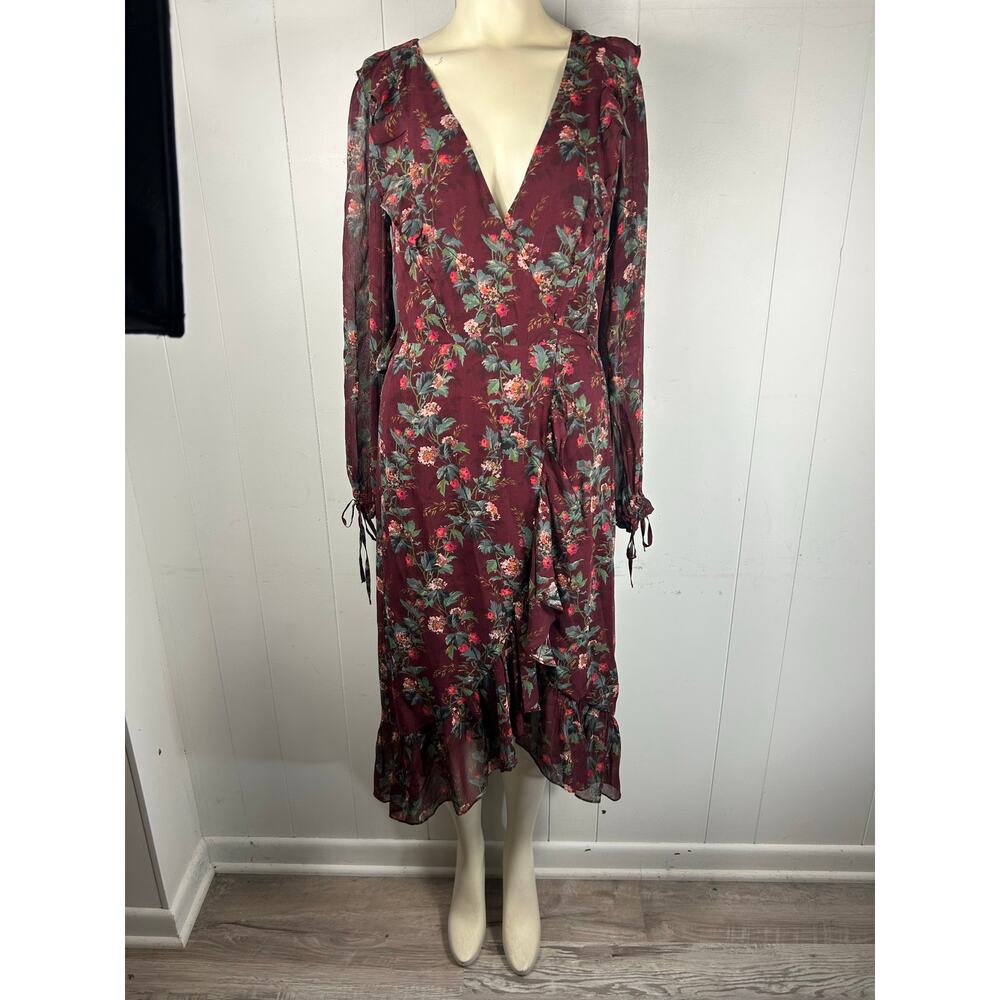 PAIGE Veranda Floral Print Silk long sleeve wrap Midi dress in Cherrywood. Sz S - Picture 5 of 8